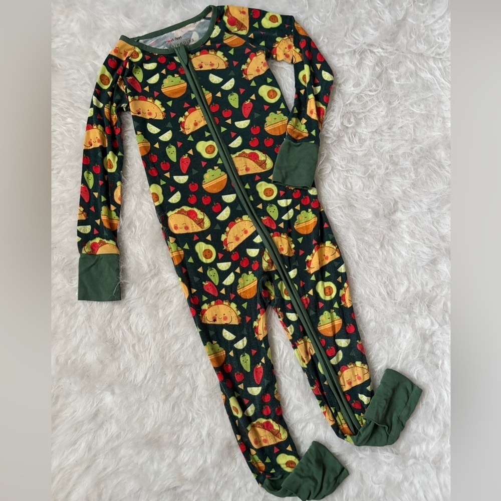 Little Sleepies Dark Green Taco Party Footed One-Piece Zippy Pajamas